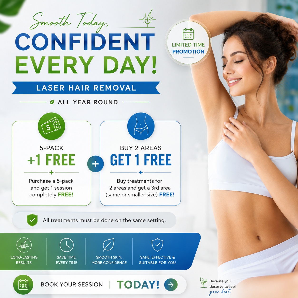 Laser Hair Removal - Buy a 5-Pack, Get 1 FREE - Plus, Treat 2 Areas & Get a 3rd FREE!