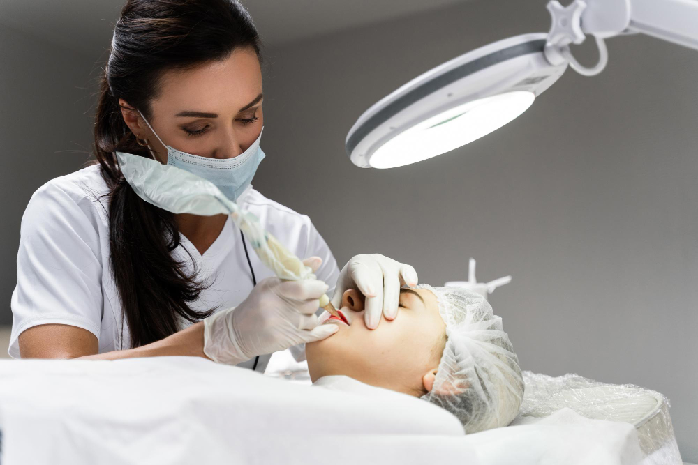 Woman undergoing an aesthetic procedure with a professional aesthetician